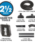 Heavy-Duty 12 Gallon Wet Dry Vacuum With 5.5 Peak HP SVX2 Motor accessories including hose, nozzles, and tool bag.