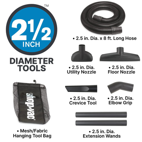 2.5 inch diameter tools for Badass 16 Gallon Wet Dry Utility Vacuum including nozzles, hose, and tool bag.