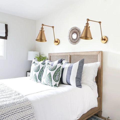 Gold Brass Industrial Swing Arm LED Wall Sconce For Bedroom And Reading Nook, Adjustable Metal Shade, Farmhouse Style.