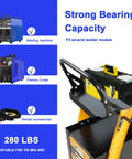 Heavy Duty Welding Cart With Two Tiers And 360 Degree Rolling Mobility Four Drawers And Tank Storage Safety Chains Built For TIG MIG And Plasma Cutter Tough As Nails Steel Construction 280 Pound Capacity Easy Roll Welder Organizer showing strong bearing capacity and various welders