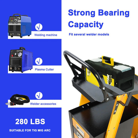 Heavy Duty Welding Cart With Two Tiers And 360 Degree Rolling Mobility Four Drawers And Tank Storage Safety Chains Built For TIG MIG And Plasma Cutter Tough As Nails Steel Construction 280 Pound Capacity Easy Roll Welder Organizer showing strong bearing capacity and various welders