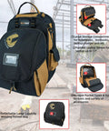 Heavy Duty Welding Backpack With Removable Helmet Bag And Mega Capacity Built Tough With Military Grade Fabric Cushioned Back Panel And Comfy Straps Front Access Gear Organizer For Welders Khaki showing large storage compartments and detachable helmet bag.