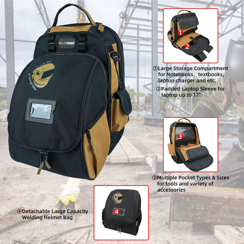 Heavy Duty Welding Backpack With Removable Helmet Bag And Mega Capacity Built Tough With Military Grade Fabric Cushioned Back Panel And Comfy Straps Front Access Gear Organizer For Welders Khaki showing large storage compartments and detachable helmet bag.