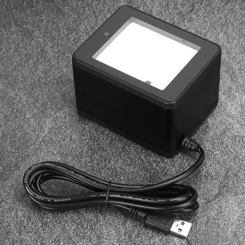Desktop Barcode Scanner With CMOS Image Processing For WeChat Pay 360 Degree Reading Of Barcodes And QR Codes In Any Direction Even Damaged Or Defaced Codes Plug And Play No Sweat For POS Retail Or Supermarket Checkout, featuring USB cable connectivity on gray background.