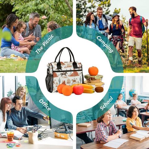 Desert Cowboy Insulated Lunch Bag With Adjustable Shoulder Strap Reusable Cooler Tote For Work Office Picnics Camping And Travel Two Size Options 9L And 12L displayed with various lifestyle settings, including picnic and school.