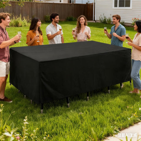 People enjoying a backyard gathering with a Built To Last Heavy Duty Outdoor Table Cover With UV Protection and Waterproof Weatherproof Shield 90.55 Inch Size.