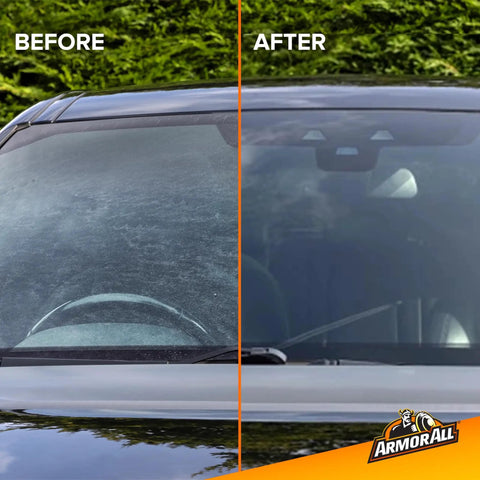 Before and after car windshield cleaned with Interior Car Care Value Pack With 90 Count Wipes Including Auto Glass Cleaner Cleaning Wipes And Protectant Wipes In Three 30 Pack Canisters For Easy Quick Detailing