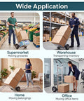 Heavy Duty Folding Hand Truck Workhorse With Aluminum Dolly Cart handling boxes in supermarket, warehouse, home, and office settings
