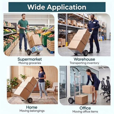Heavy Duty Folding Hand Truck Workhorse With Aluminum Dolly Cart handling boxes in supermarket, warehouse, home, and office settings