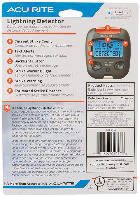 Back of package showing Portable Lightning Detector with 25 Mile Storm Alert Audible Alarm Text Alerts Strike Counter features and display.