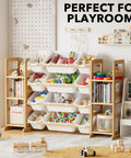 Toy Storage Organizer With Six Shelves And Twelve Bins Bookshelf For Playroom And Bedroom Organization Kid Friendly Design