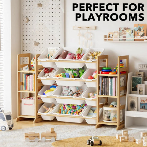 Toy Storage Organizer With Six Shelves And Twelve Bins Bookshelf For Playroom And Bedroom Organization Kid Friendly Design