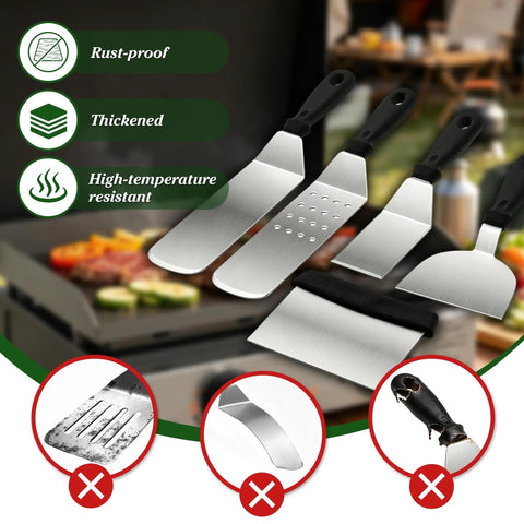 Ultimate 120 Piece Griddle Accessories Kit For Flat Top Grills Beefed Up All In One Tool Set shown with spatulas and scrapers