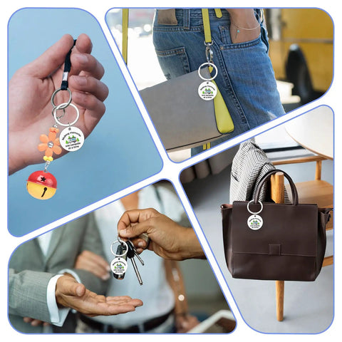 Camper Keychain Gift For RV Lovers And Campers displayed on bags, backpacks, and held in hands, showing travel trailer accessory use.