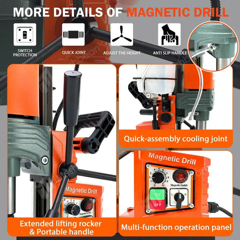 Heavy Duty Magnetic Drill Press 1400W with solid copper motor features quick joint, adjustable height, and cooling system.