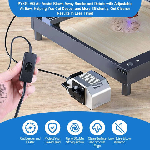Installed Air Assist Pump for La-ser Cutter; silver aluminum housing with black inline switch, mounted to laser bed frame.