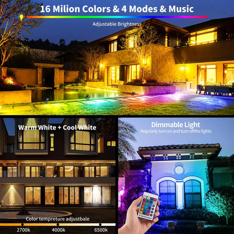 Colorful garden scene lit by RGBW LED Color Changing Landscape Lights With Remote, 15W Outdoor Waterproof Spotlights with various color modes.