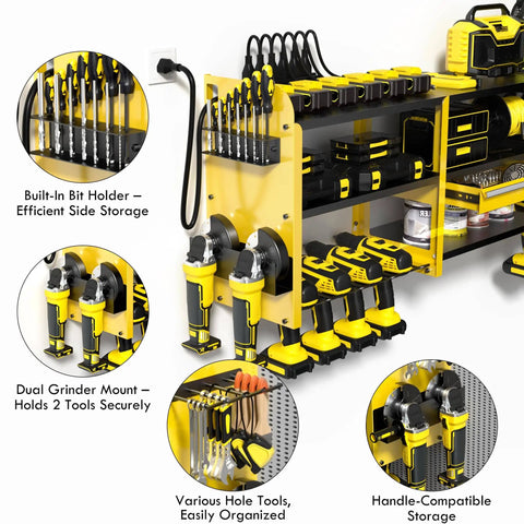 Power Tool Organizer Wall Mount with locking drawers, grinder holder, hammer and pliers rack, built-in six AC outlets charging station.