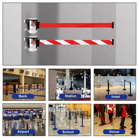 Heavy Duty Retractable Queue Barrier With Smooth As Butter Retractor High Visibility Red White Belt for crowd control in various venues.