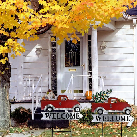 Red Pickup Truck Welcome Sign With Pumpkin Interchangeable Seasonal Yard Stake Garden Decor in front of white house