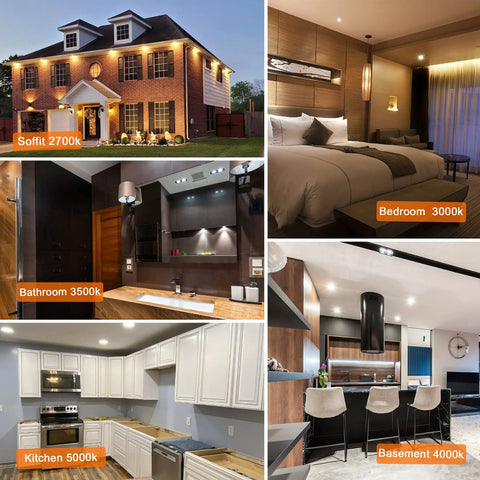 Lit Six Inch Canless Recessed Lighting Kit With 5CCT Adjustable from 2700K to 5000K shown in various residential settings