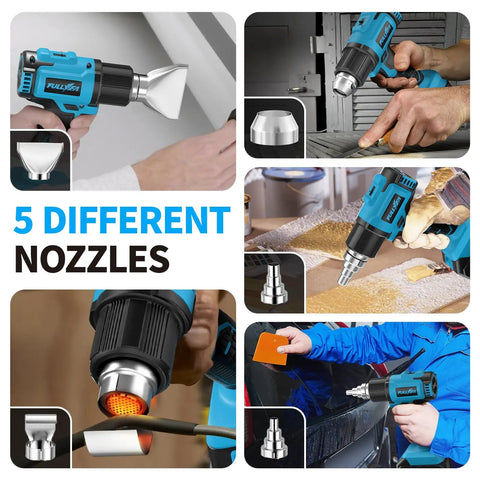 Collage of Cordless Heat Gun Kit With 1022 Degrees Fahrenheit Hot Air, Two 4.0Ah Batteries, Five Nozzles, used in different scenarios.