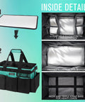 Inside details of Wearable Cleaning Caddy Organizer with handle, adjustable straps, dividers, and padded base, Lake Blue color.