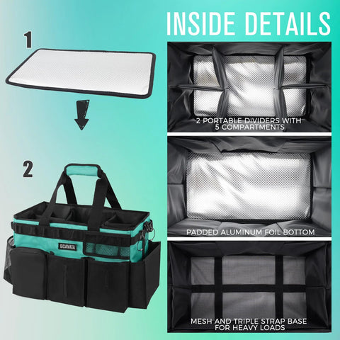 Inside details of Wearable Cleaning Caddy Organizer with handle, adjustable straps, dividers, and padded base, Lake Blue color.