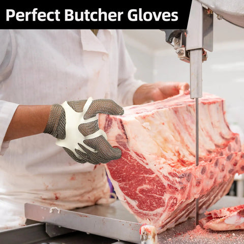 Person using A9 Pro Grade Cut Resistant Stainless Steel Chainmail Glove For Meat Processing And Food Prep Oyster Shucking Fish Fillet Heavy Duty Safety Left Or Right Hand Fit Size L, cutting meat.