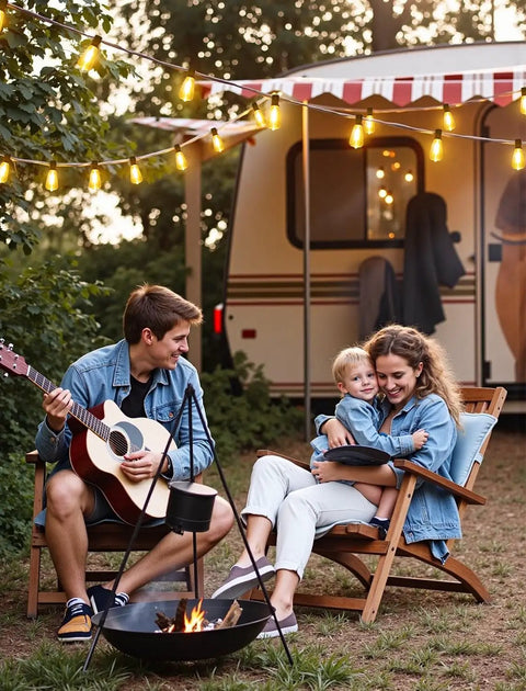 Family enjoying 48Ft Solar Powered Outdoor String Lights With Remote Waterproof Dimmable Patio Lighting near a camper