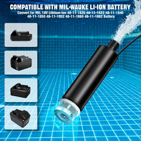 Heavy Duty Cordless Mini Submersible Water Pump Fits Milwaukee 18V Batteries in water with several battery models shown.