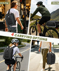 Four uses of Expandable Waterproof Bike Trunk Bag 15L to 23L for Rear Rack 4 in 1, shown as backpack, bike bag, handbag, and crossbody.