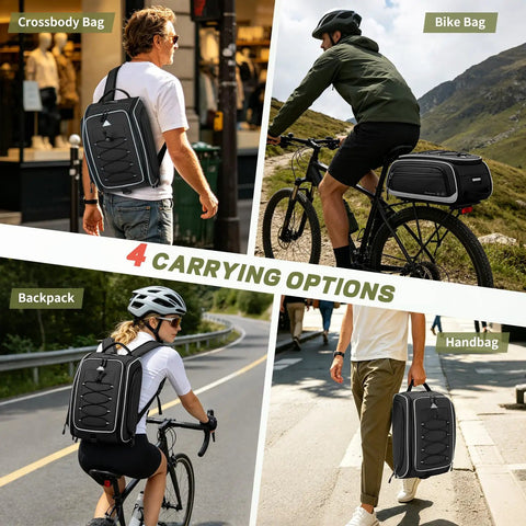 Four uses of Expandable Waterproof Bike Trunk Bag 15L to 23L for Rear Rack 4 in 1, shown as backpack, bike bag, handbag, and crossbody.