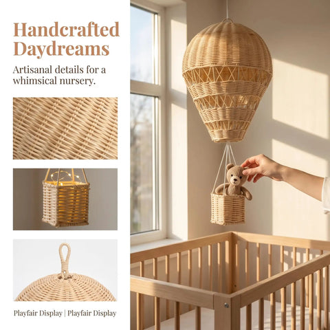 Natural Rattan Woven Hot Air Balloon Wall Decor For Nursery And Kids Room Boho Chic Dreamy Vibe With Handmade Texture And Earthy Tones For Modern Home hanging near crib