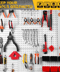 Ultimate Pegboard Organizer Kit With 297 Pieces for DIYers installed on white pegboard with tools and bins.