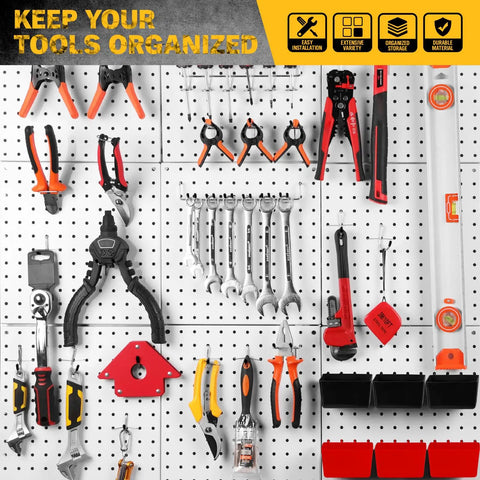 Ultimate Pegboard Organizer Kit With 297 Pieces for DIYers installed on white pegboard with tools and bins.