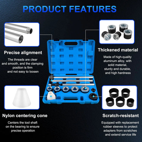 Universal Cam Bearing Installation And Removal Tool Kit with adapters and sleeves in open blue case, features displayed around it.