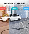Rock Solid EV Charger Extension Cable With J1772 To Tesla Adapter for extreme weather, IP67 rated, with Tesla vehicle.