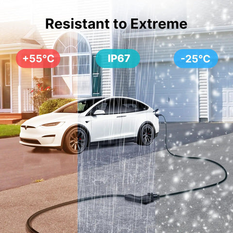 Rock Solid EV Charger Extension Cable With J1772 To Tesla Adapter for extreme weather, IP67 rated, with Tesla vehicle.
