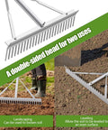 Aluminum Maintenance Rake With 24 Inch Head And 66 To 98 Inch Adjustable Handle Ideal For Baseball Field Garden Lawn And Landscape Cleanup, Rustproof And Lightweight For Beast Mode Yard Work And Loosening Soil Lake Weed Care, showing double-sided rake in use on soil.