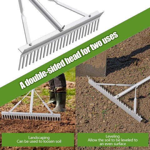 Aluminum Maintenance Rake With 24 Inch Head And 66 To 98 Inch Adjustable Handle Ideal For Baseball Field Garden Lawn And Landscape Cleanup, Rustproof And Lightweight For Beast Mode Yard Work And Loosening Soil Lake Weed Care, showing double-sided rake in use on soil.