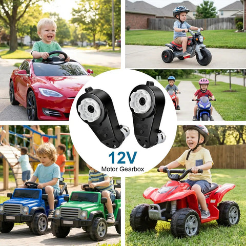 Collage featuring kids riding toy vehicles with 2 Pack 12V RS550 40000RPM High Speed Kids Ride On Car Motor Gearbox