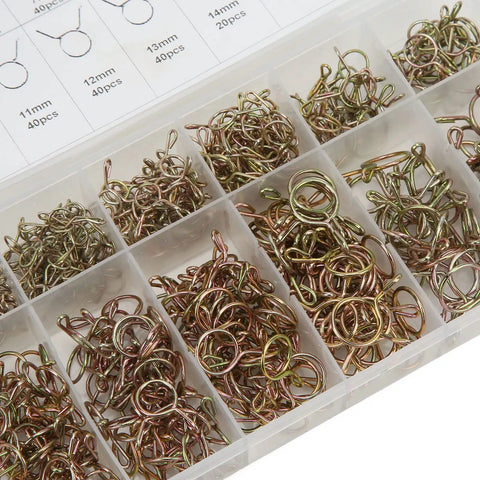 Heavy Duty Fuel Line Clip Set with 420 manganese steel spring wire clips for 5mm to 14mm hoses in plastic storage box