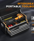 Rollin Tool Chest With Wheels And Eight Drawers, Detachable Top Box And Bottom Cabinet With Locking Mechanism, open black steel toolbox with organized drawers