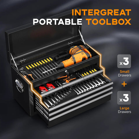 Rollin Tool Chest With Wheels And Eight Drawers, Detachable Top Box And Bottom Cabinet With Locking Mechanism, open black steel toolbox with organized drawers
