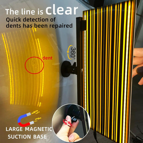 Paintless Car Dent Repair Tools Kit With Large Slide Puller And Dent Rods Crowbar in use on a car door with visible dent reflection