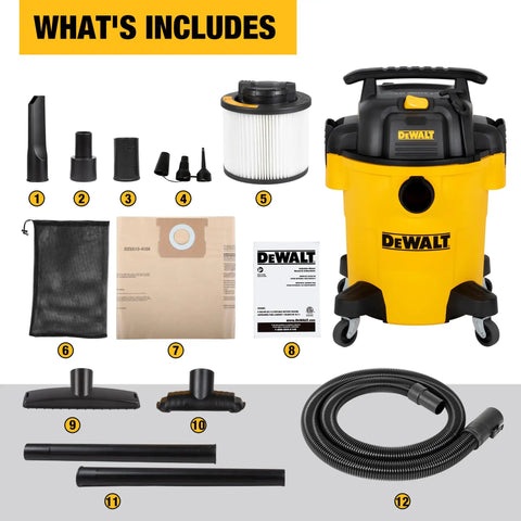 Image of 6 Gallon 4HP Wet Dry Shop Vacuum With Inflator Kit For Construction, Workshop, Jobsite, Garage And Home, Beast Suction, Large Capacity, Durable Poly Build In Yellow DXV06PL, showing vacuum and included accessories.
