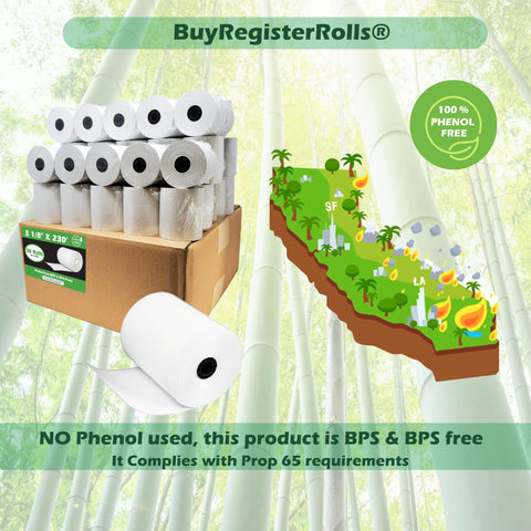 Phenol Free 74 GSM Extra Thick Thermal Paper Receipt Rolls 3 1/8 X 230, 50 Rolls, BPA Free, BPS Free, FSC Certified, Coated Side Out