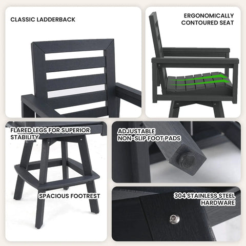 Features of Outdoor HDPE Swivel Bar Stool 360 Degree Rotation Bar Height Ladderback Chair include ladderback and contoured seat