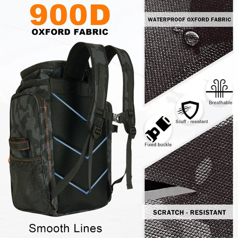 Fishing Backpack With Rod Holders And 42L Capacity, 900D Water-Resistant Oxford Tackle Bag For Men in black camo with smooth lines